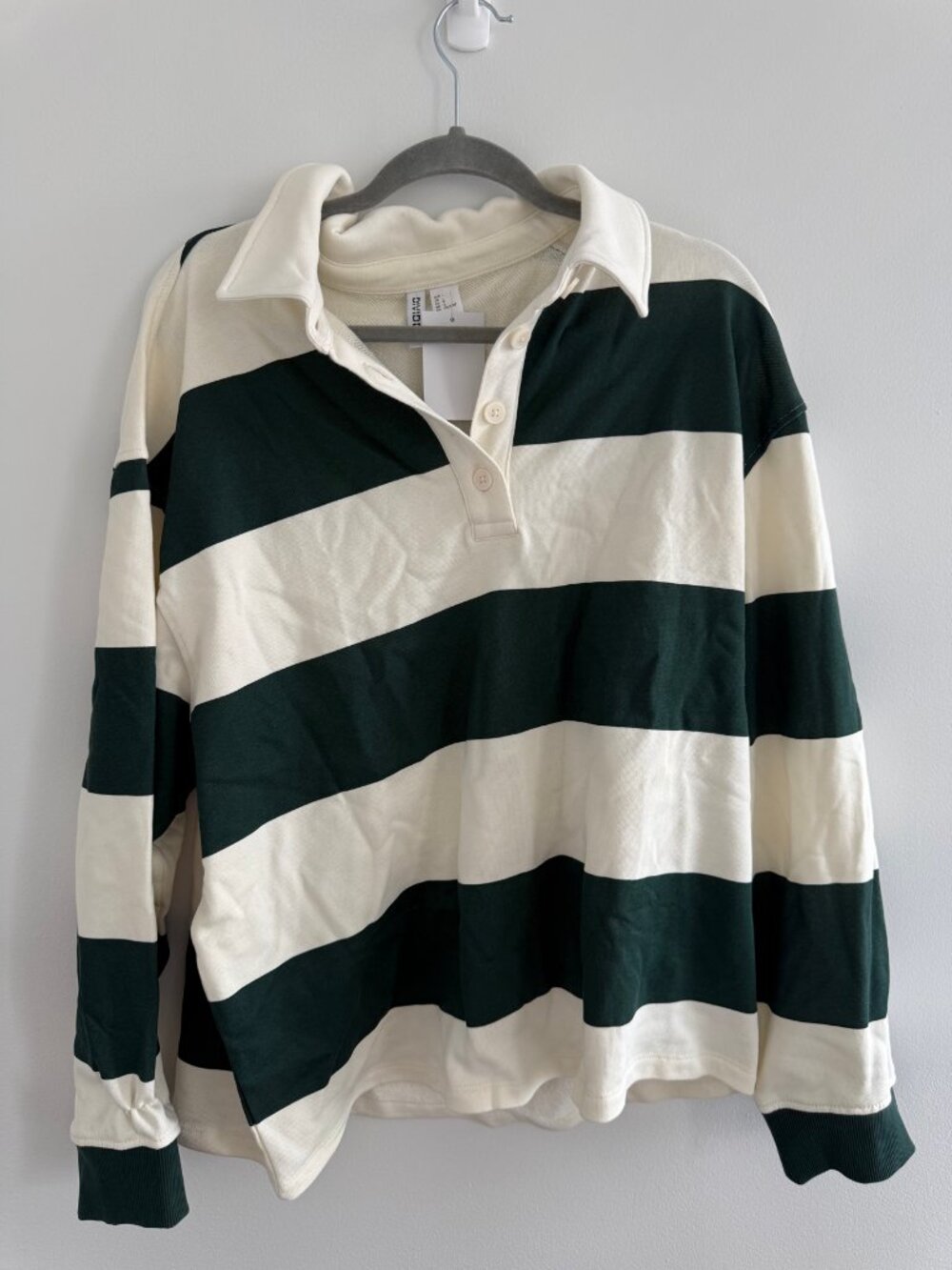 H&M Divided Oversized Rugby Shirt Dark Green Cream Stripe L NWT
